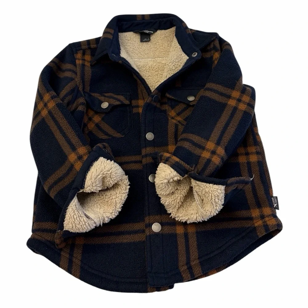 Eddie Bauer Navy Blue and Copper Brown Plaid Button-Up Shirt Jacket Boys 7